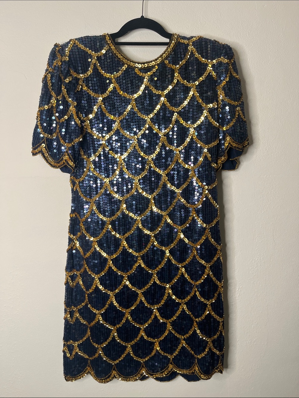 Eve’s Allure-Vintage Navy and Gold Sequin Scallop Mini Dress